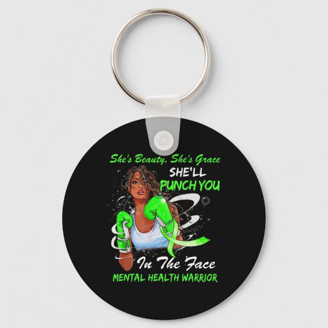 Health Warrior She'll Punch You Ribbon Black Woman Key Ring (Front)