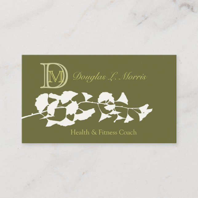 Health Wellness White Silvery Ginkgo Tree Monogram Business Card (Front)