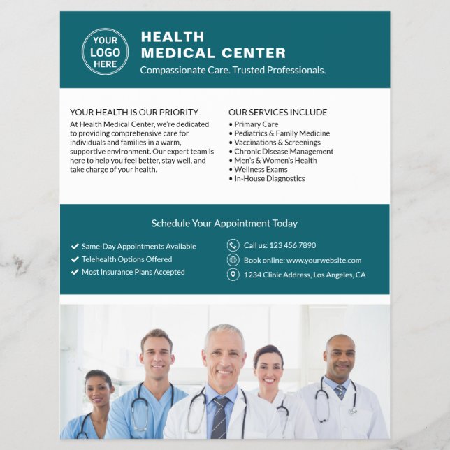 Healthcare Clinic Doctor Custom Logo Photo QR Flyer (Front)