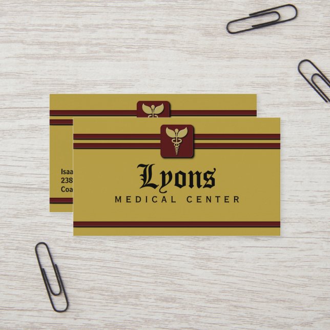 Healthcare Medical Doctor Caduceus Mustard and Red Business Card (Front/Back In Situ)