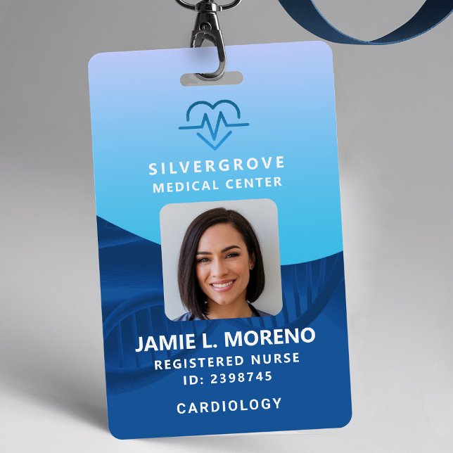 Healthcare Medical Heart Logo Blue Photo Nurse ID Badge (nurse id badge custom hospital clinic medical office clinic center wellbeing blue ekg logo photo qr)
