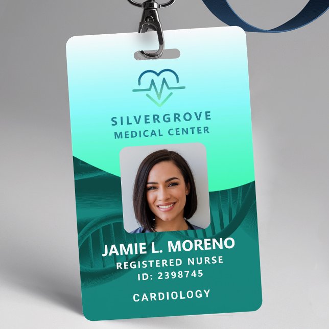 Healthcare Medical Heart Logo Green Photo Nurse ID ID Badge (nurse id badge custom hospital clinic medical office clinic center wellbeing sea green ekg logo)