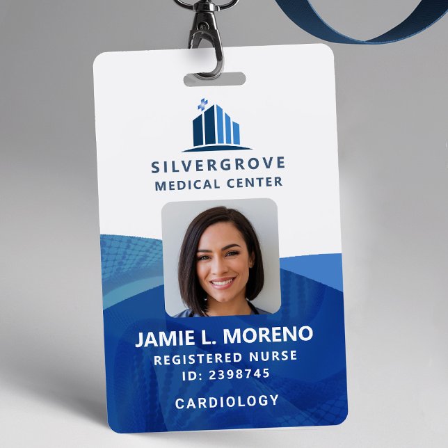 Healthcare Medical Logo Blue DNA Photo Nurse ID ID Badge (nurse id badge custom hospital clinic medical office clinic center wellbeing blue logo dna photo qr)