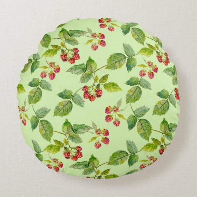 Healthy Berry: Raspberry Seamless Background. Round Cushion (Front)