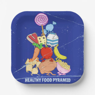 Healthy food pyramid funny cartoon illustration paper plate