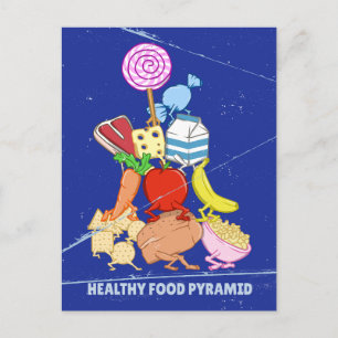 Healthy food pyramid funny cartoon illustration postcard