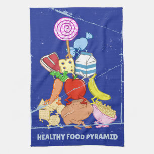 Healthy food pyramid funny cartoon illustration tea towel