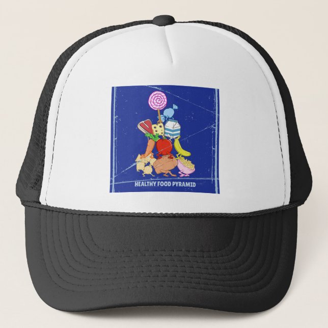 Healthy food pyramid funny cartoon illustration trucker hat (Front)