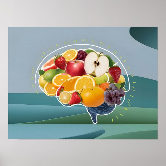 Healthy Living Concept: Brain with Fruits Illustra Poster (Front)