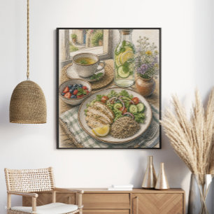 Healthy Mediterranean Lunch by Window Coloured Pen Poster