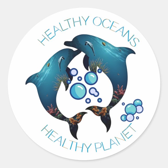 Healthy Oceans Dolphins Environmental Art Classic Round Sticker (Front)