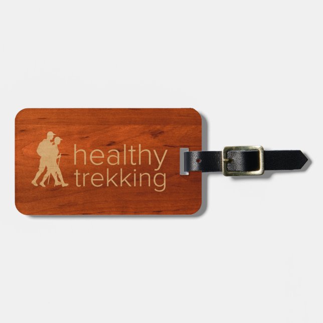 Healthy Trekking Faux Koa Wood Luggage Tag (Front Horizontal)