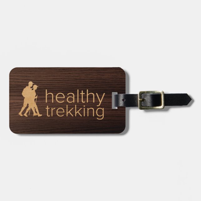 Healthy Trekking Faux Walnut Wood Luggage Tag (Front Horizontal)