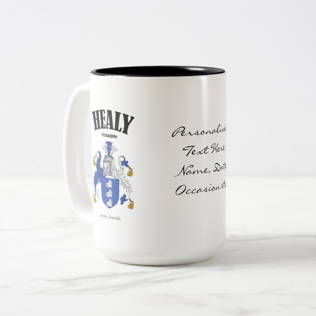 Healy Family Crest, Translation & Meaning Two-Tone Coffee Mug (Front Left)