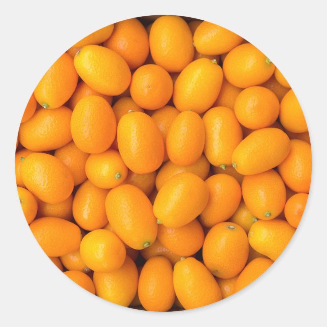 Heap of orange kumquats in cardboard box classic round sticker (Front)