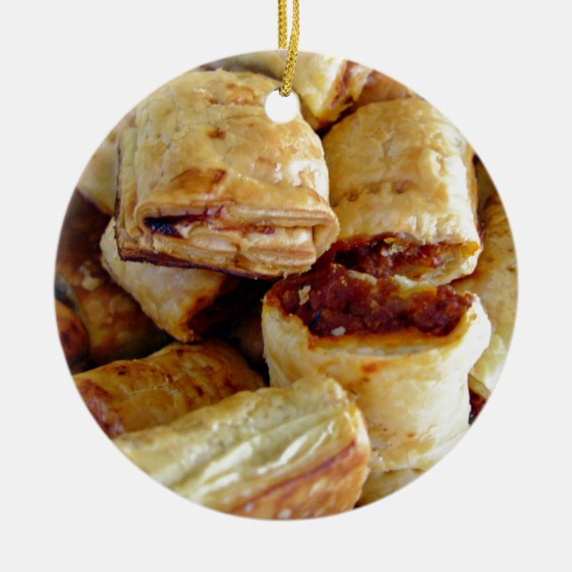 Heaps of sausage rolls ceramic tree decoration (Front)