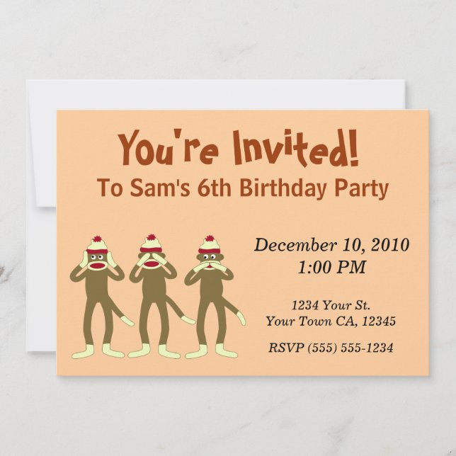 Hear no Evil Sock Monkey Party Invitations (Front)