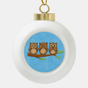 Hear, See, and Speak No Evil Owls Ceramic Ball Christmas Ornament
