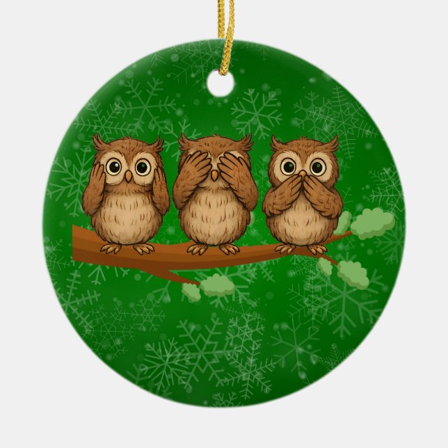 Hear, See, and Speak No Evil Owls Ceramic Tree Decoration (Front)
