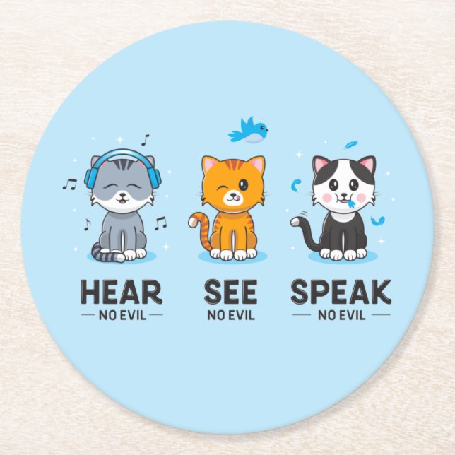 Hear See Speak No Evil Cats Paper Coasters (Front)