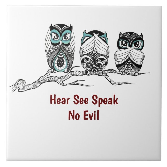 Hear See Speak No Evil Owls Tile (Front)