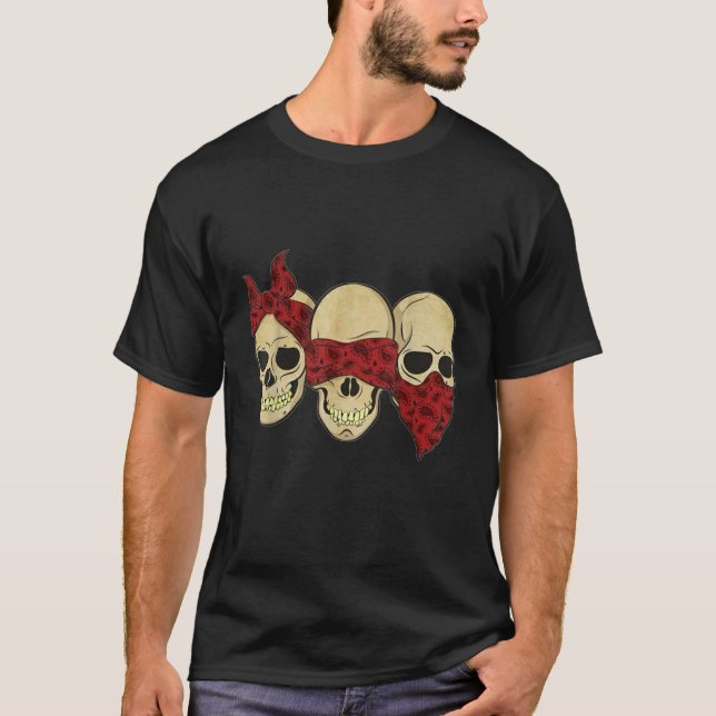 Hear See Speak No Evil Skull Heads  T-Shirt (Front)