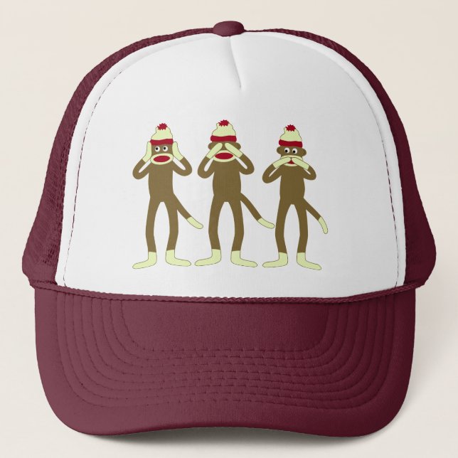 Hear, See, Speak No Evil Sock Monkeys Trucker Hat (Front)