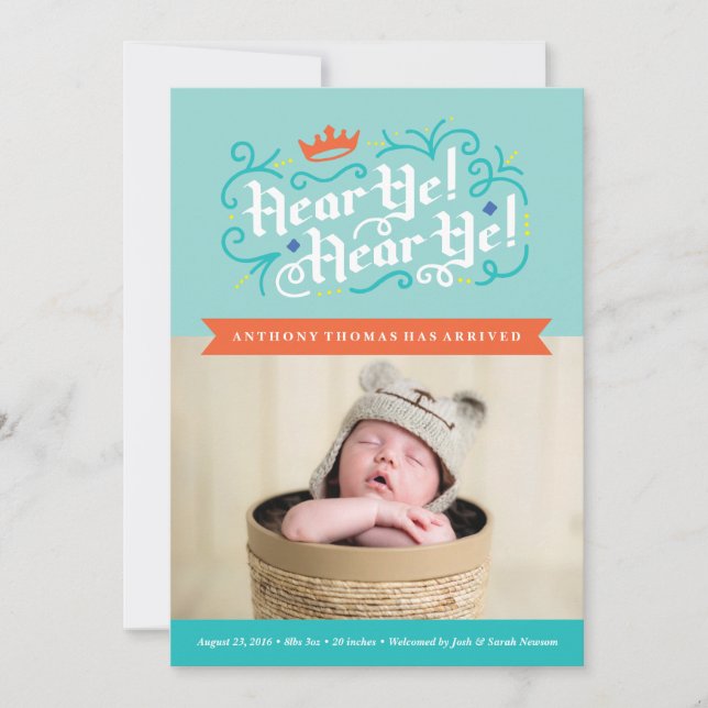 Hear Ye! Hear Ye! Birth Announcement in Blue (Front)