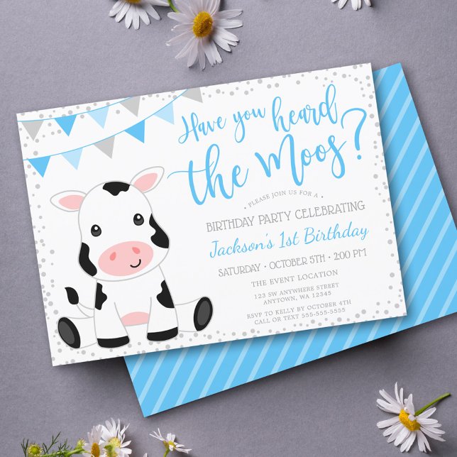 Heard the Moos Blue Boy Cow Birthday Invitation (Creator Uploaded)
