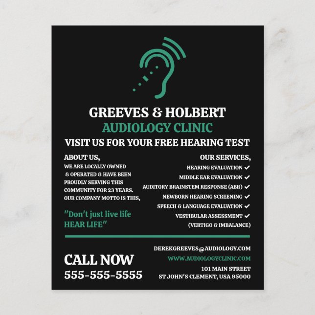 Hearing Aid Design, Audiologist, Audiology Clinic Flyer (Front)