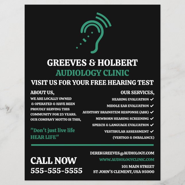 Hearing Aid Design, Audiologist, Audiology Clinic Flyer (Front)