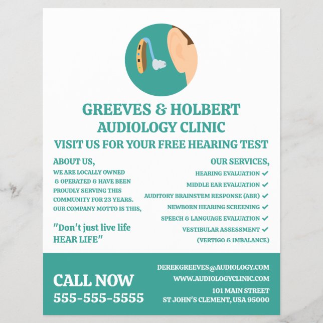 Hearing Aid Icon, Audiologist, Audiology Clinic Flyer (Front)