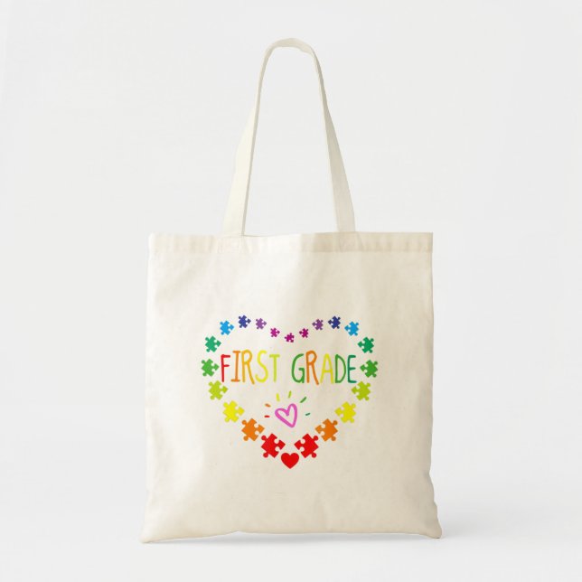 Heart 100th Day of 1st grade Teacher Autism Awaren Tote Bag (Front)