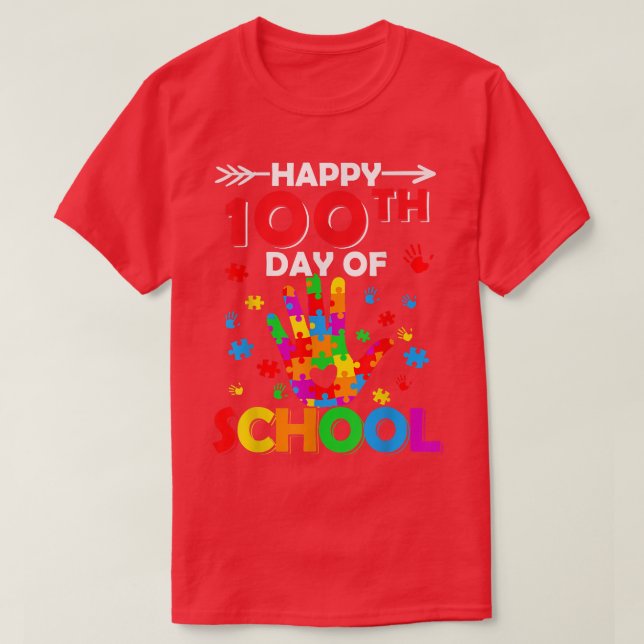 Heart 100th Day of School Teacher Autism Awareness T-Shirt (Design Front)