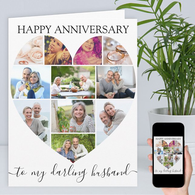 Heart 11 Photo Collage Husband Script Anniversary Card (Creator Uploaded)