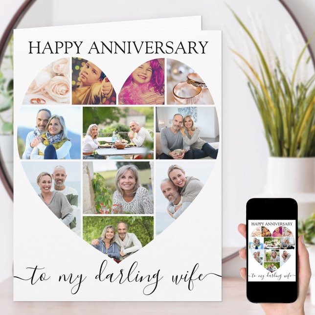 Heart 11 Photo Collage Wife Script Anniversary Card (Creator Uploaded)