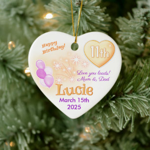 Heart 11th Birthday Girl Daughter lilac & gold Ceramic Tree Decoration
