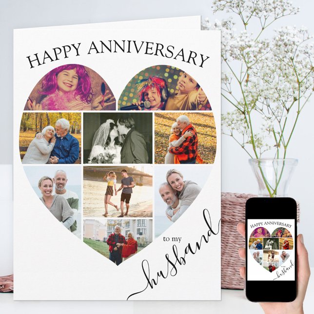 Heart 9 Photo Collage Husband Script Anniversary Card (Creator Uploaded)