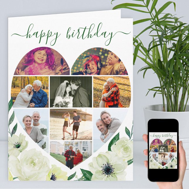 Heart 9 Photo Collage White Rose Happy Birthday Card (Creator Uploaded)