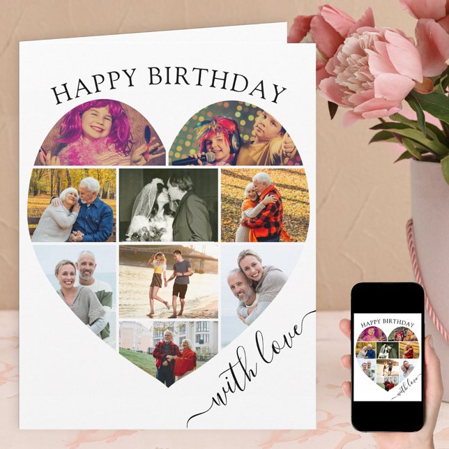 Heart 9 Photo Collage with Love Script Birthday Card (Creator Uploaded)