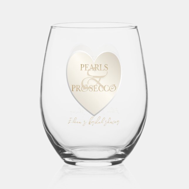 Heart Ampersand Pearls Prosecco Chic Bridal Shower Stemless Wine Glass (Front)