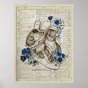 Heart Anatomy with Flowers Dictionary Art Poster