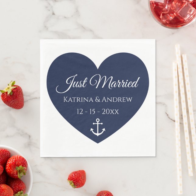 Heart Anchor Navy Nautical Just Married Wedding Na Napkin (Insitu)