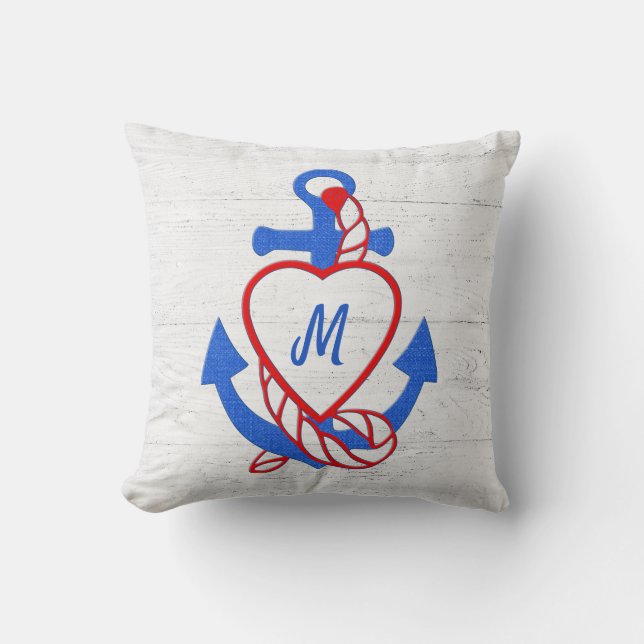 Heart Anchor On Whitewashed Wood Cushion (Front)