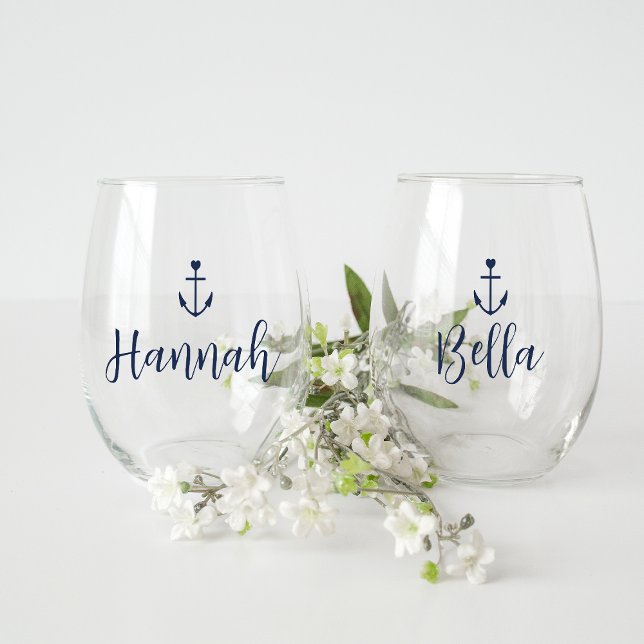 Heart Anchor Personalised Name Bachelorette Stemless Wine Glass (Creator Uploaded)