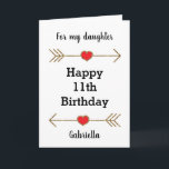 Heart and Arrows Happy 11th Birthday Daughter Card<br><div class="desc">A personalized Happy 11th birthday card for daughter, which you can easily personalize with her name. Features gold glitter arrows with red hearts. Please note there is not actual glitter on the birthday card, but a design effect. Inside this 11th birthday granddaughter card reads a birthday message, which you can...</div>