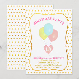 Heart and Balloons 13th Birthday Invitation