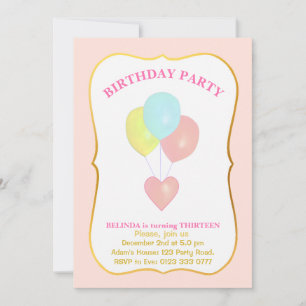 Heart and Balloons 13th Birthday Invitation