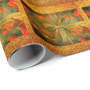 Heart and bow red and green glitter look wrapping paper