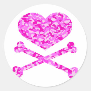 heart and cross bones urban camo pink classic round sticker
